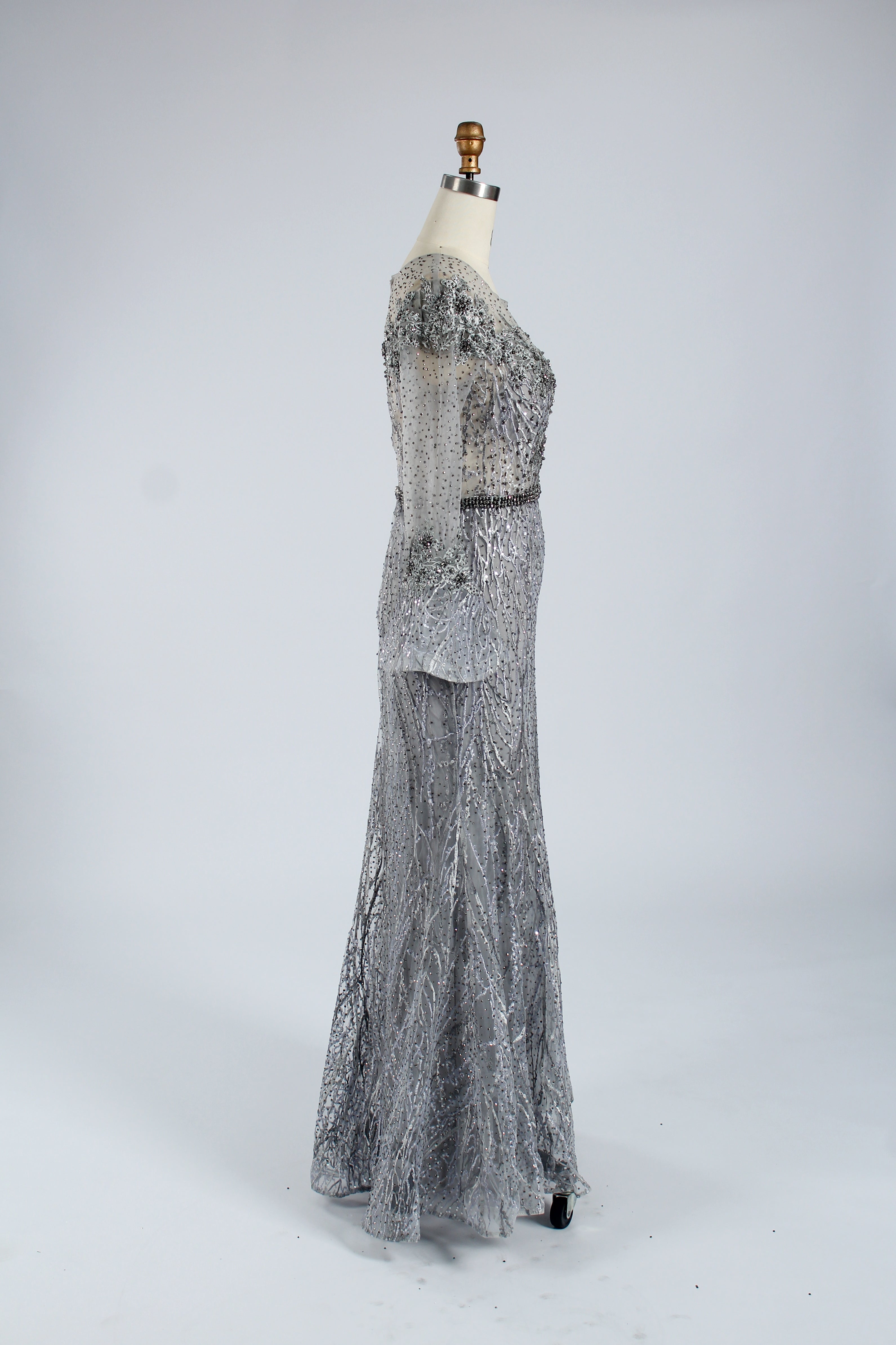Grey tulle mermaid mob dress with silver beaded fitted bodice and bell sleeves