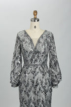 Sage Green Sequin V-Neck Long Sleeve Mother of the Bride Dress MK117