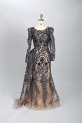 Navy lace mermaid formal dress with long sleeves and sheer shoulder cape overlay