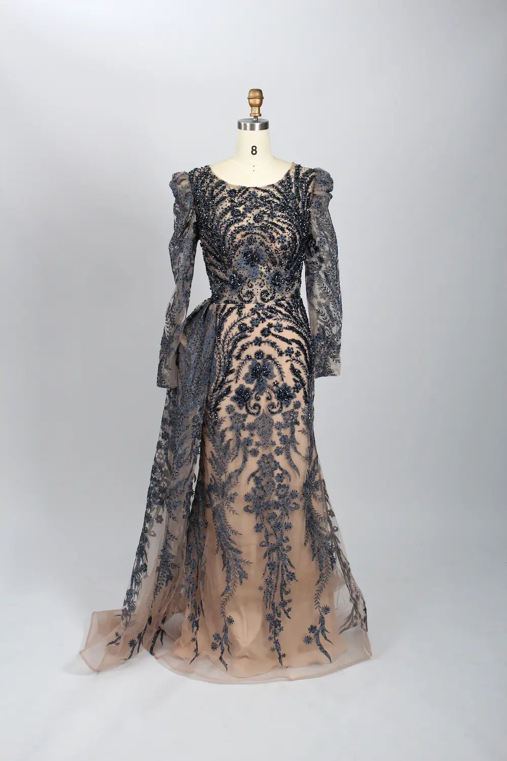 Navy lace mermaid formal dress with long sleeves and sheer shoulder cape overlay