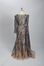 Navy lace mermaid formal dress with long sleeves and full-length sheer overlay