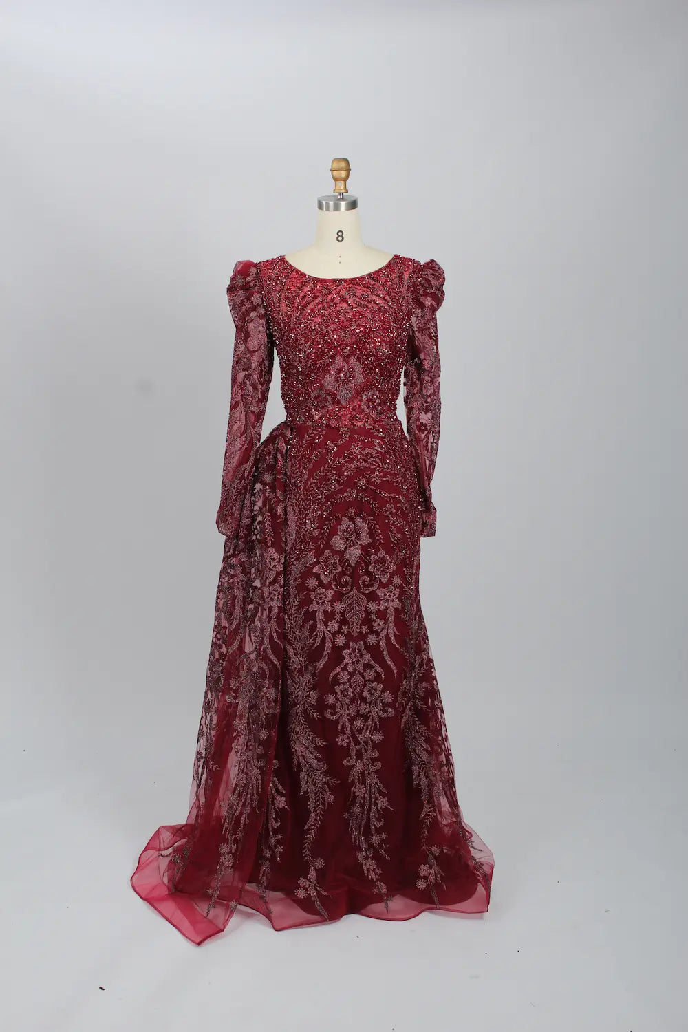 Burgundy lace mermaid formal dress with long sleeves and sheer tulle hem