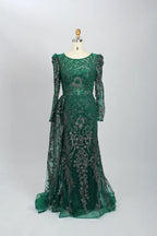 Emerald green lace mermaid formal dress with long sleeves and sheer tulle skirt