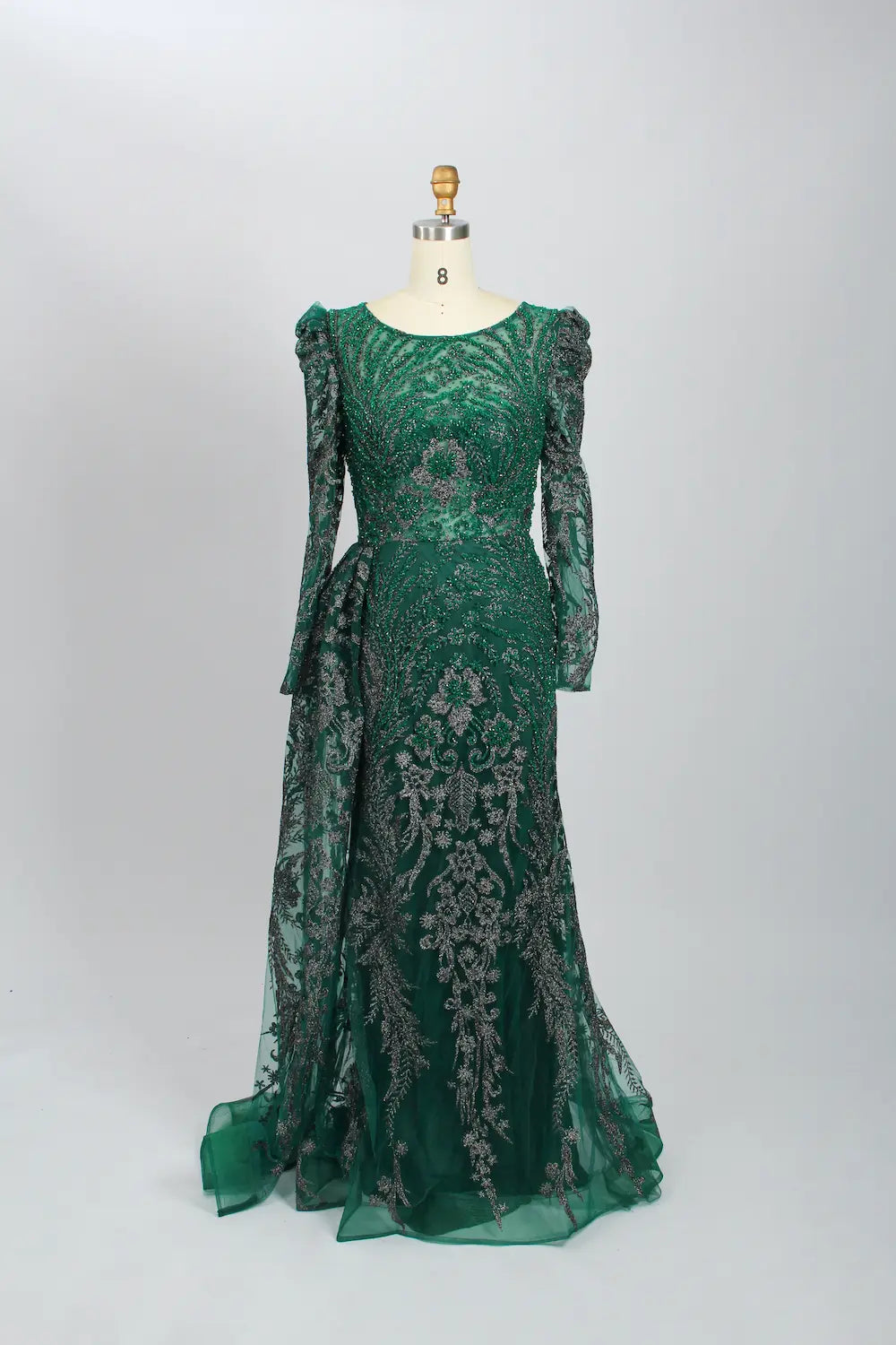 Emerald green lace mermaid formal dress with long sleeves and sheer tulle skirt