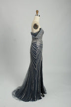 Sequin Off the Shoulder Slate Blue Mother of the Bride or Groom Dress KS034