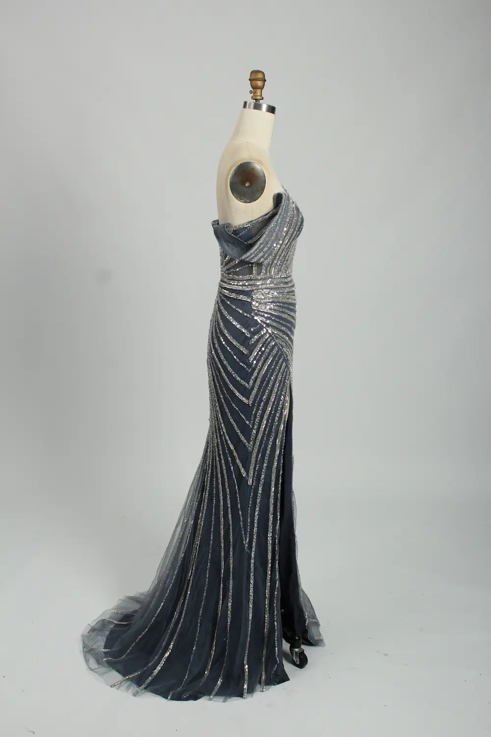 Sequin Off the Shoulder Slate Blue Mother of the Bride or Groom Dress KS034