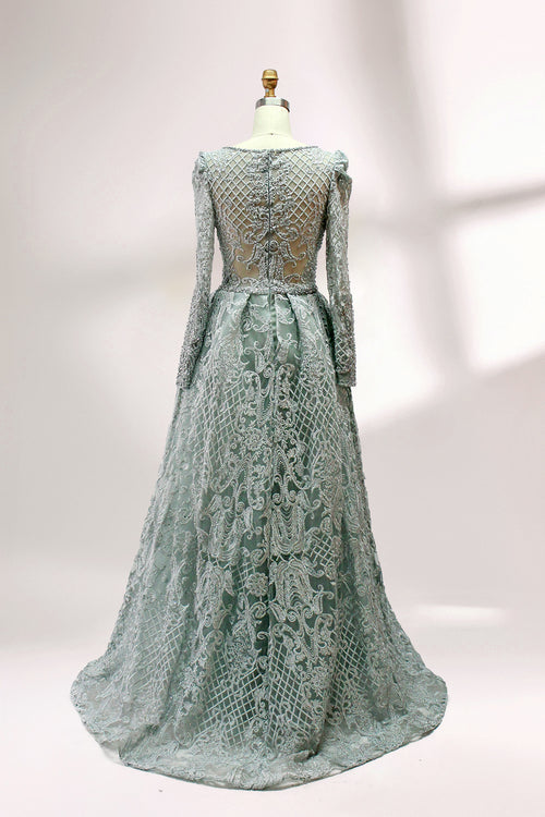Embroidered sheer sleeve mother dress in teal with V-neck and full A-line skirt