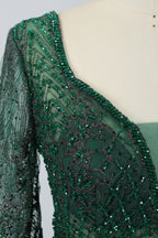 Green Beaded Mother of the Bride Dress with Long Puff Sleeves & Train MK074