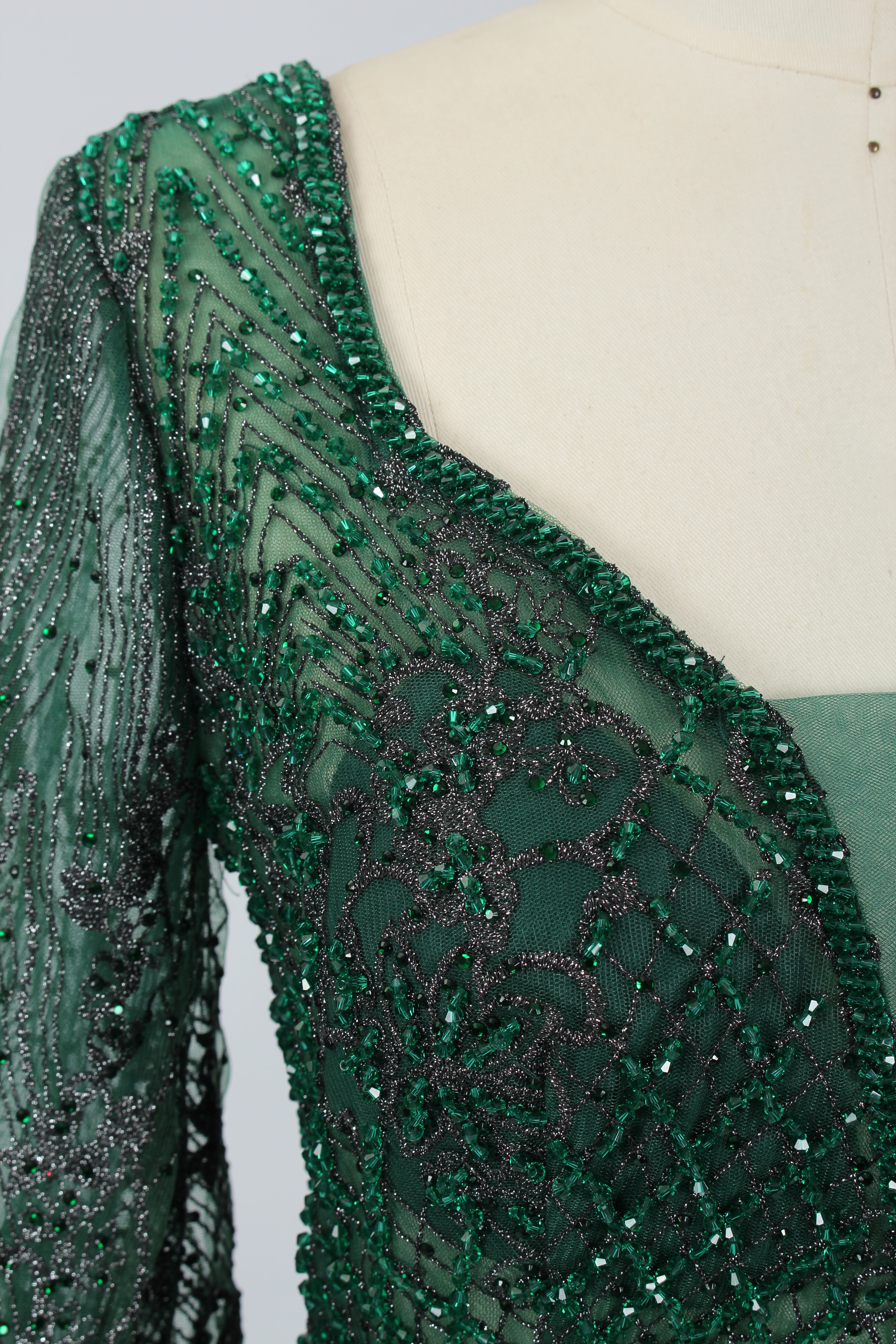 Green Beaded Mother of the Bride Dress with Long Puff Sleeves & Train MK074