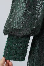 Green Beaded Mother of the Bride Dress with Long Puff Sleeves & Train MK074
