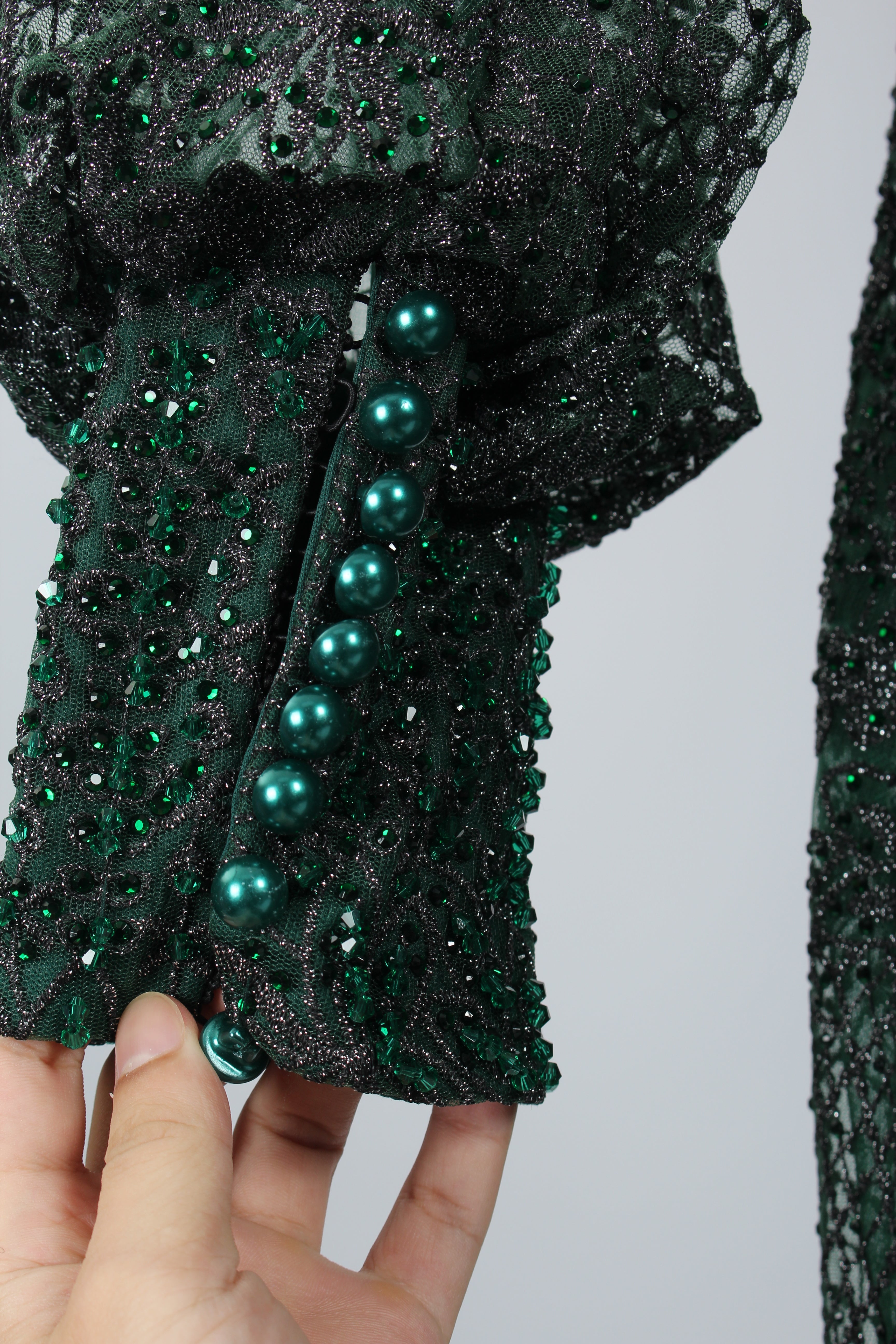 Green Beaded Mother of the Bride Dress with Long Puff Sleeves & Train MK074