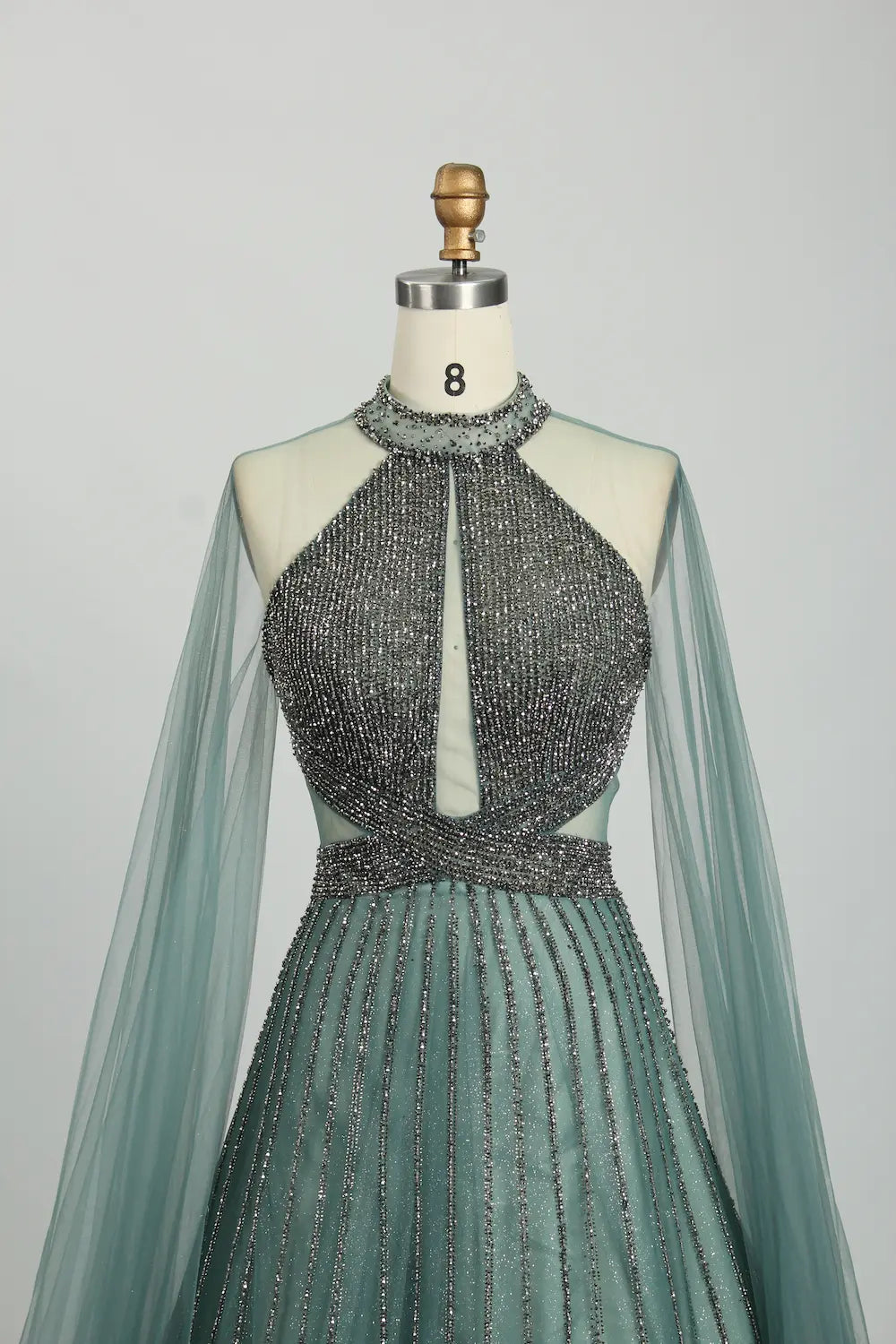 Beaded High Neck A-Line Mother of the Bride Dress with Cape Sleeves KS036