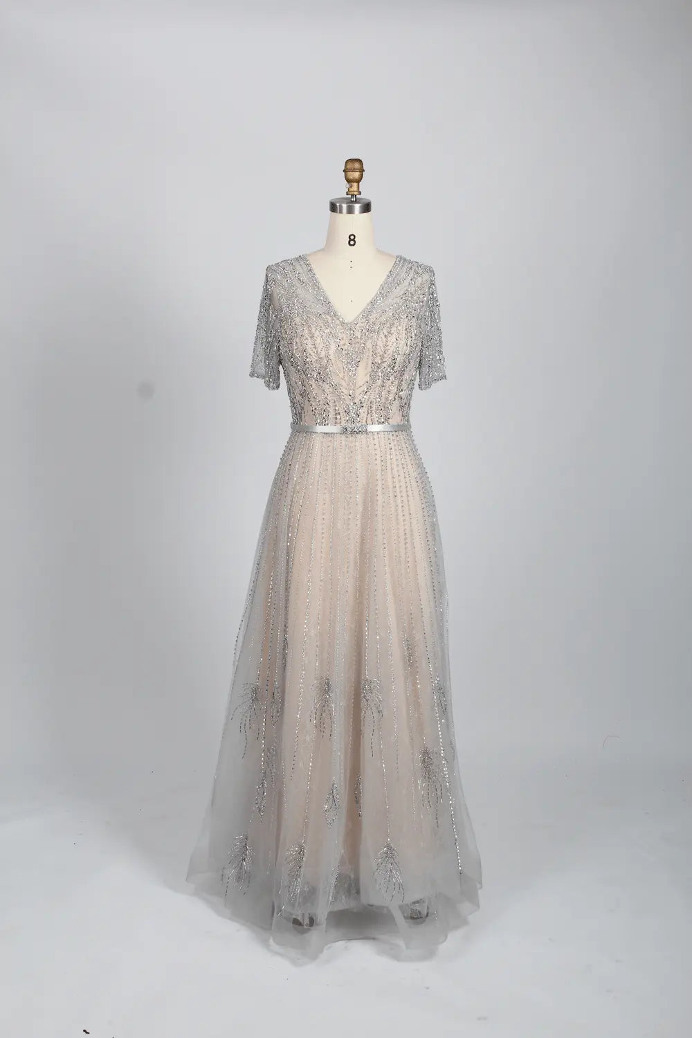 V-Neck Sparkling A-Line Mother of the Bride Dress with Short Sleeves MC083