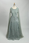 Teal beaded A-line evening dress with long sheer sleeves and scoop neckline
