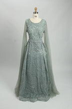 Teal beaded A-line evening dress with long sheer sleeves and scoop neckline