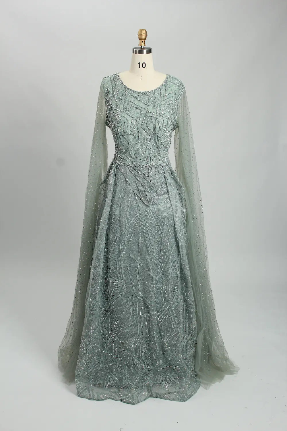 Teal beaded A-line evening dress with long sheer sleeves and scoop neckline