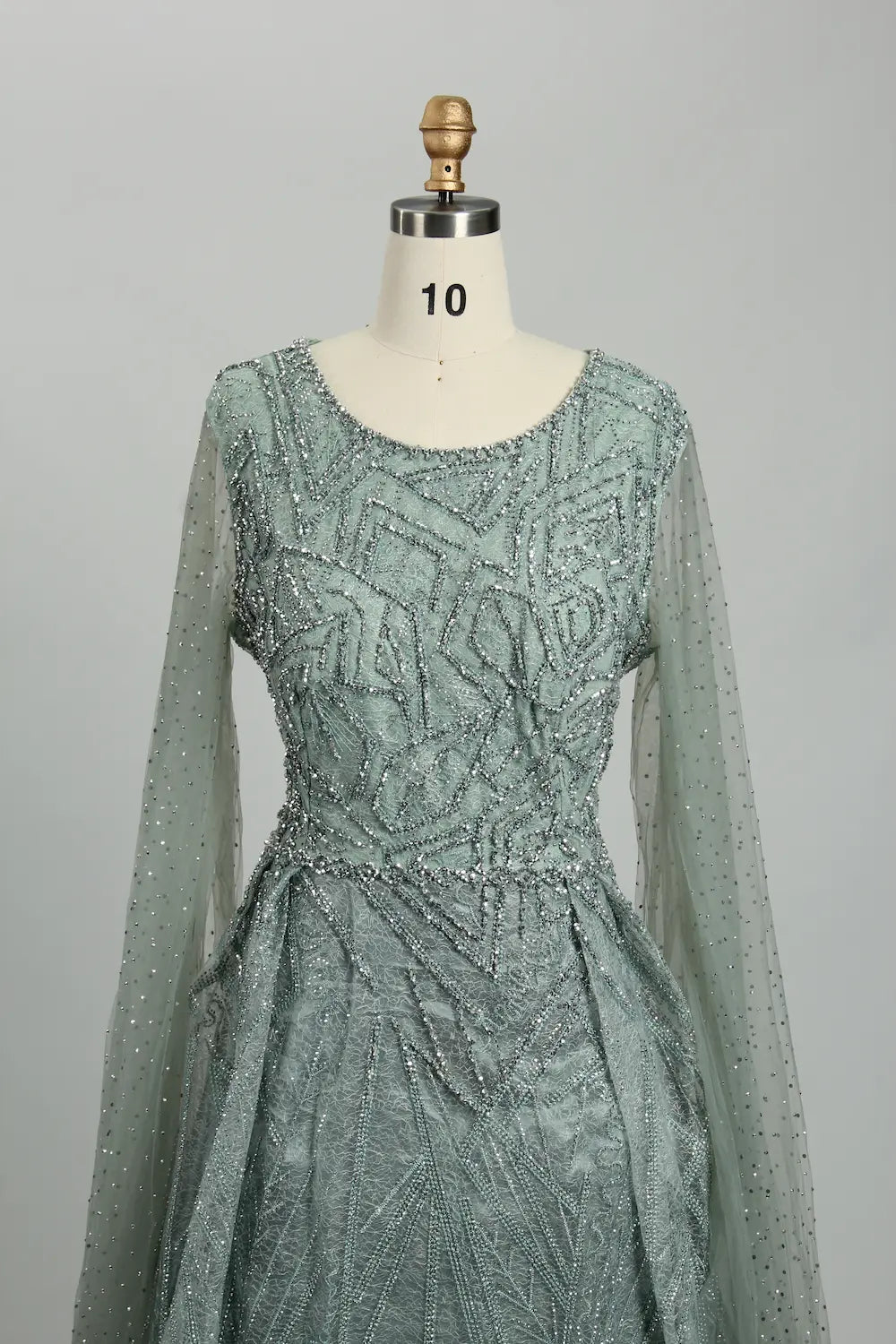 Teal beaded A-line dress with illusion long sleeves, embroidered texture, scoop neck