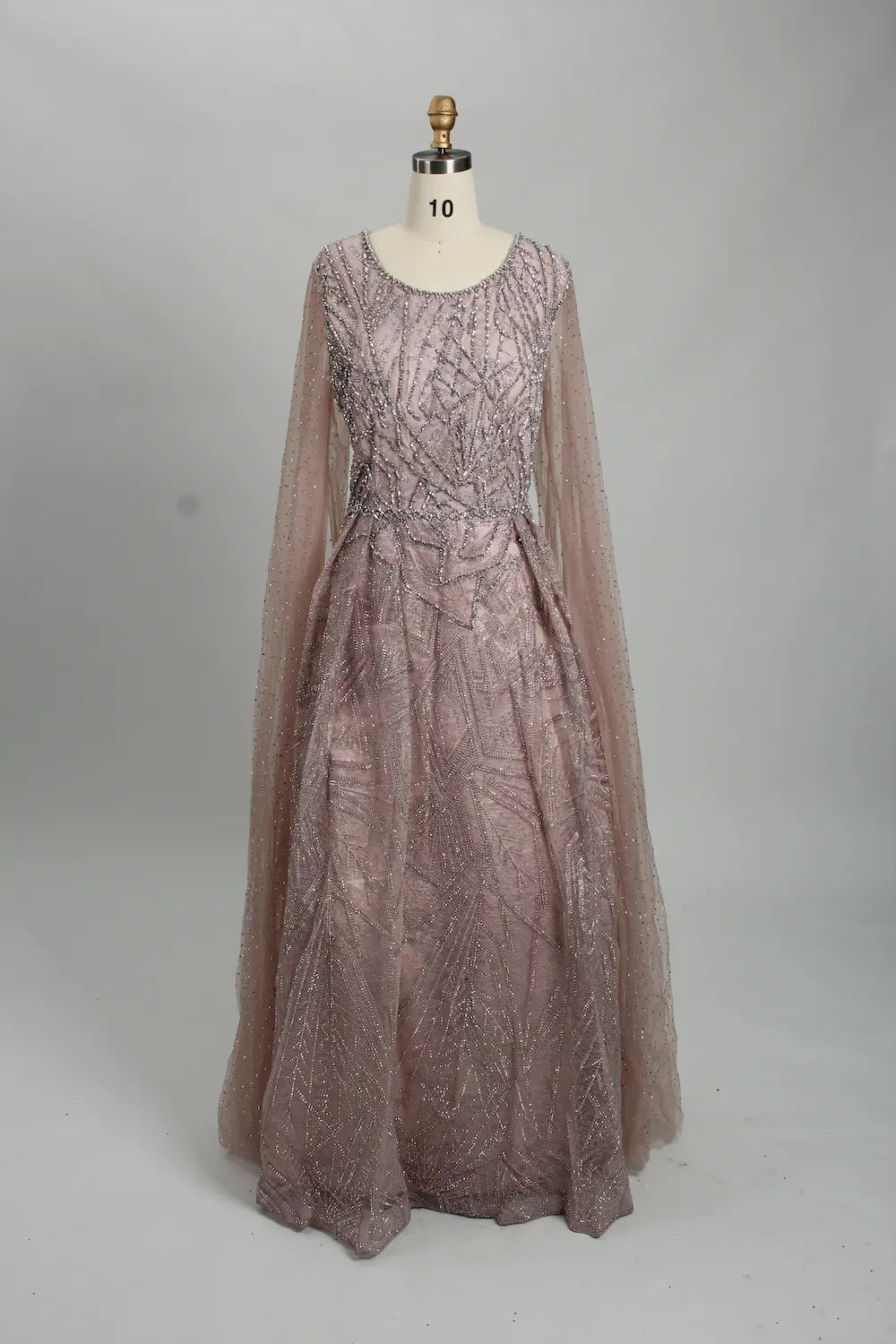 Mauve beaded A-line evening dress with long sheer sleeves and scoop neckline