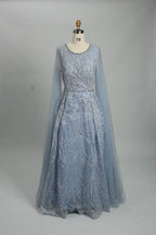 Light blue beaded A-line evening dress with long sheer sleeves and fitted waist