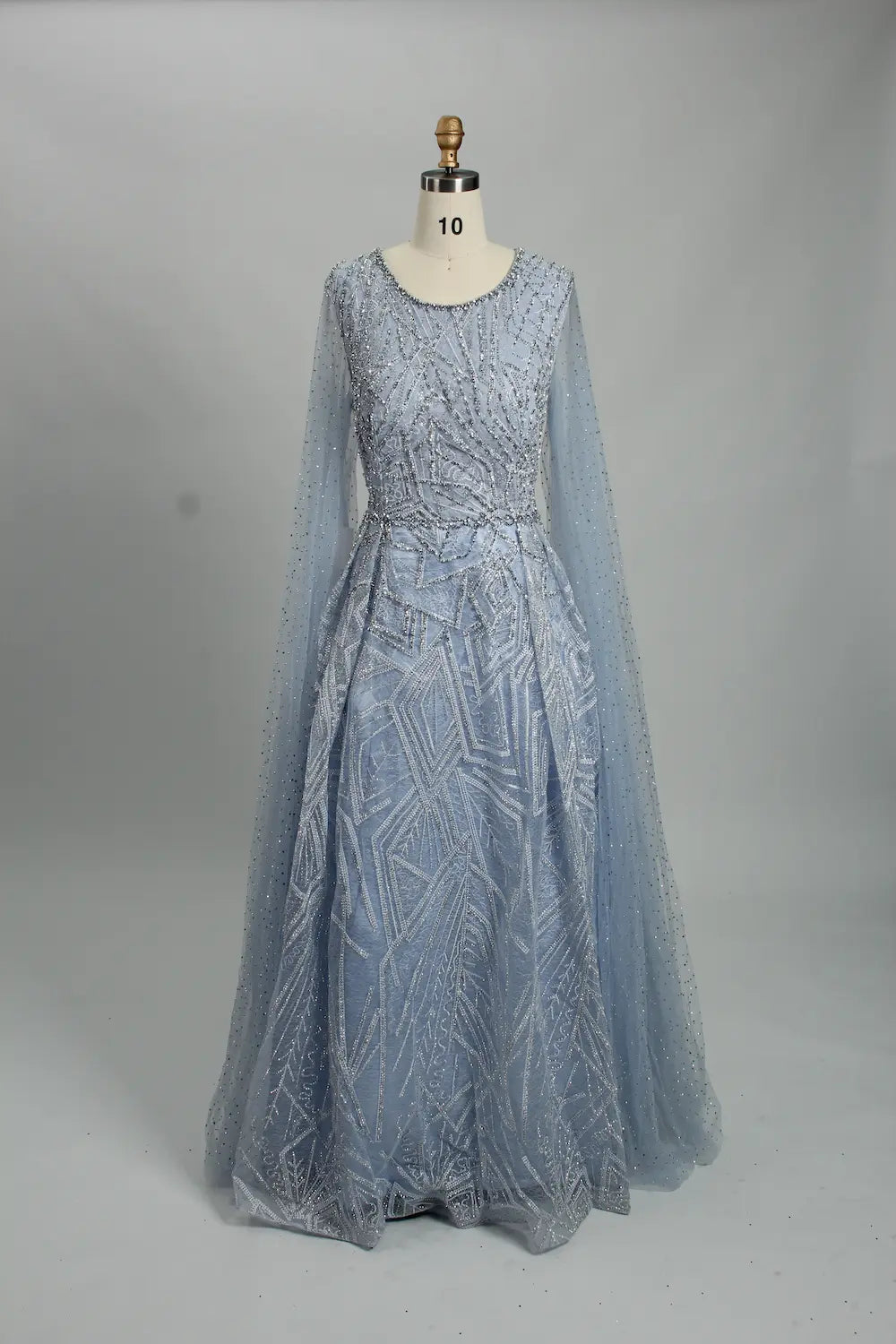Light blue beaded A-line evening dress with long sheer sleeves and fitted waist