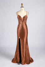 Terracotta beaded mermaid evening gown with thin straps, plunging V-neck, and front slit