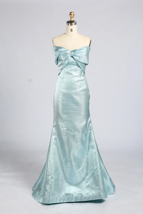 Off-shoulder light blue metallic mermaid dress with off-shoulder ruffle neckline