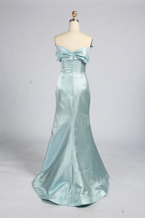 Off-shoulder light blue metallic mermaid gown with wide neckline and draped bodice