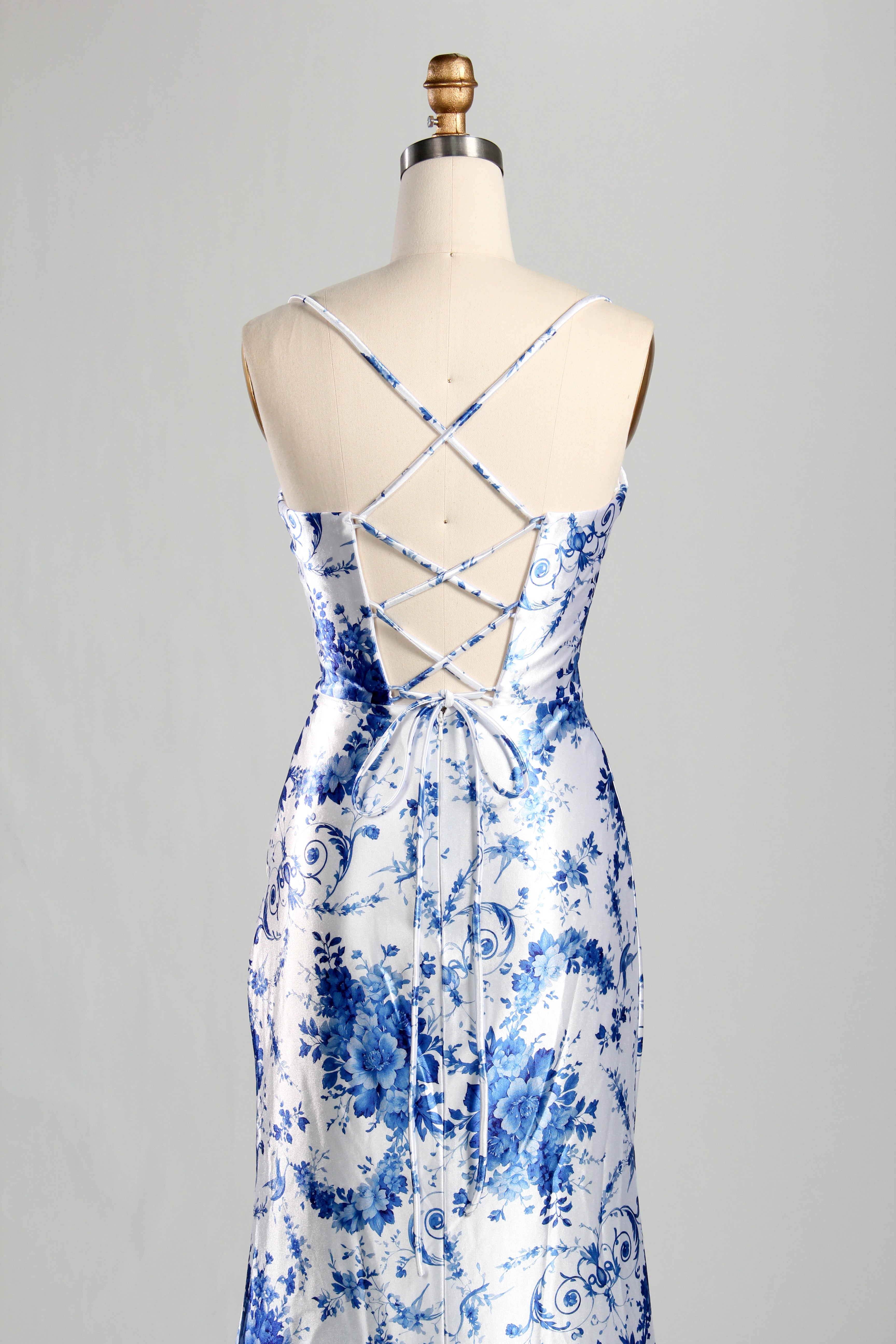Wholesale Blue Floral Satin Prom Dress 33222