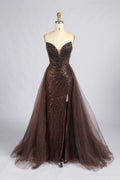 Brown strapless beaded prom dress with a sweetheart neckline, thigh slit, and full tulle skirt.