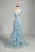 Wholesale Light Blue Lace Prom Dress - Mermaid Criss - Cross Back Gown 33248