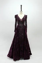Burgundy long-sleeve sequin evening dress with V-neck and pleated flowing skirt