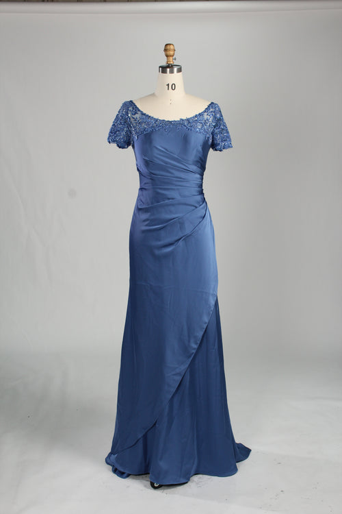 Blue satin maxi dress with lace sleeves and side drape/leg slit