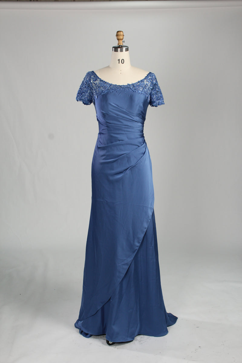 Front view of an exquisite steel blue sheath fit and flare mother of the bride dress featuring a scoop neck lace bodice, short sleeves, draped wrap-style satin waistline, and a long flowing floor-length satin skirt, perfect for weddings or formal evening galas and available for wholesale or bulk purchase.