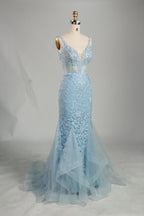 Wholesale Light Blue Lace Prom Dress - Mermaid Criss - Cross Back Gown 33248
