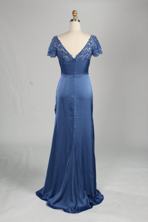 Blue satin mother-of-the-bride dress with V-neck lace and flowing maxi skirt