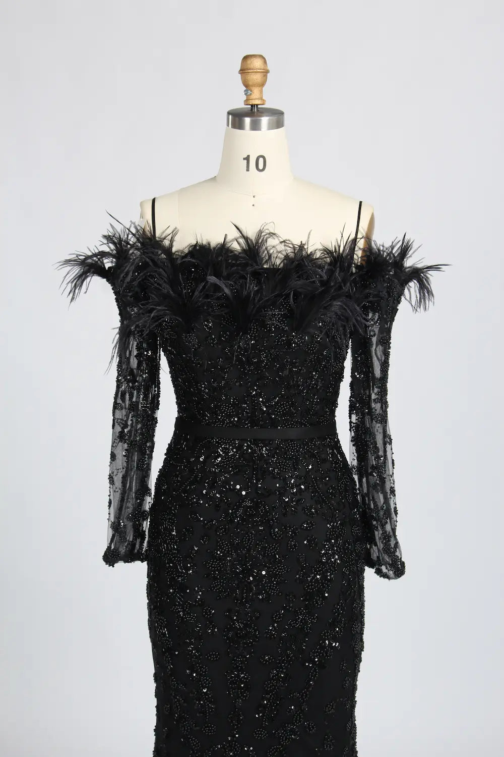 Sophisticated Off-the-Shoulder Beaded Mother of the Bride Dress with Feather Trim KY037