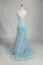 Wholesale Light Blue Lace Prom Dress - Mermaid Criss - Cross Back Gown 33248
