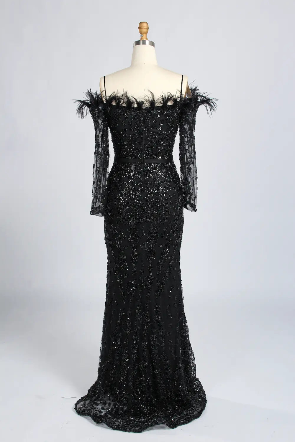 Sophisticated Off-the-Shoulder Beaded Mother of the Bride Dress with Feather Trim KY037