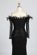 Sophisticated Off-the-Shoulder Beaded Mother of the Bride Dress with Feather Trim KY037