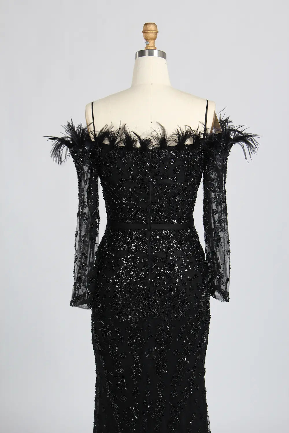 Sophisticated Off-the-Shoulder Beaded Mother of the Bride Dress with Feather Trim KY037