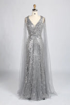 Elegant V-Neck Gold Beaded Long Cape Sleeves Mother of the Bride Dress KY068