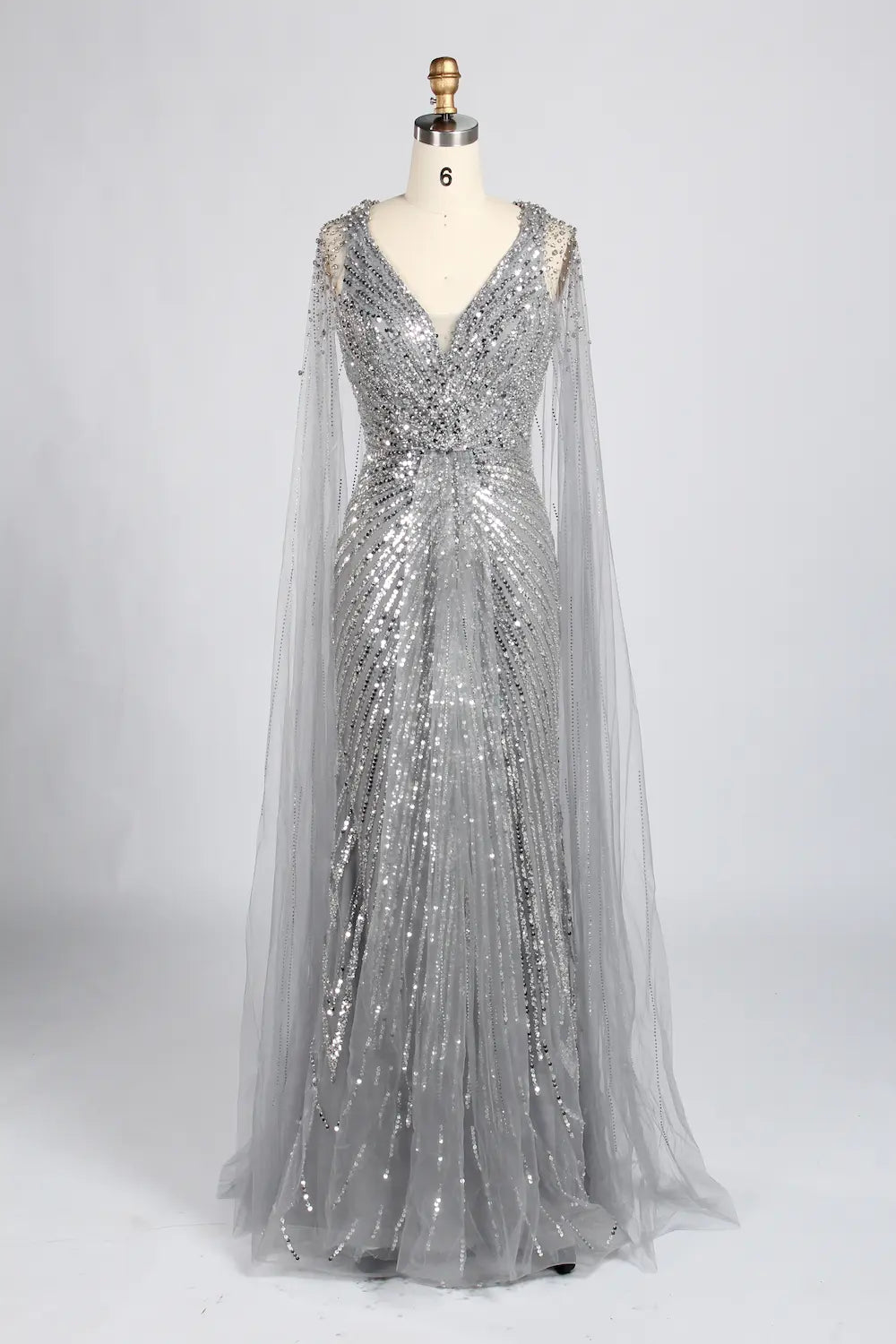 Elegant V-Neck Gold Beaded Long Cape Sleeves Mother of the Bride Dress KY068