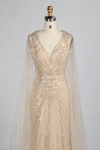 Elegant V-Neck Gold Beaded Long Cape Sleeves Mother of the Bride Dress KY068