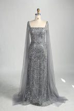 Beaded Mermaid Mother of the Bride Dress with Long Sheer Cape Sleeves KY046