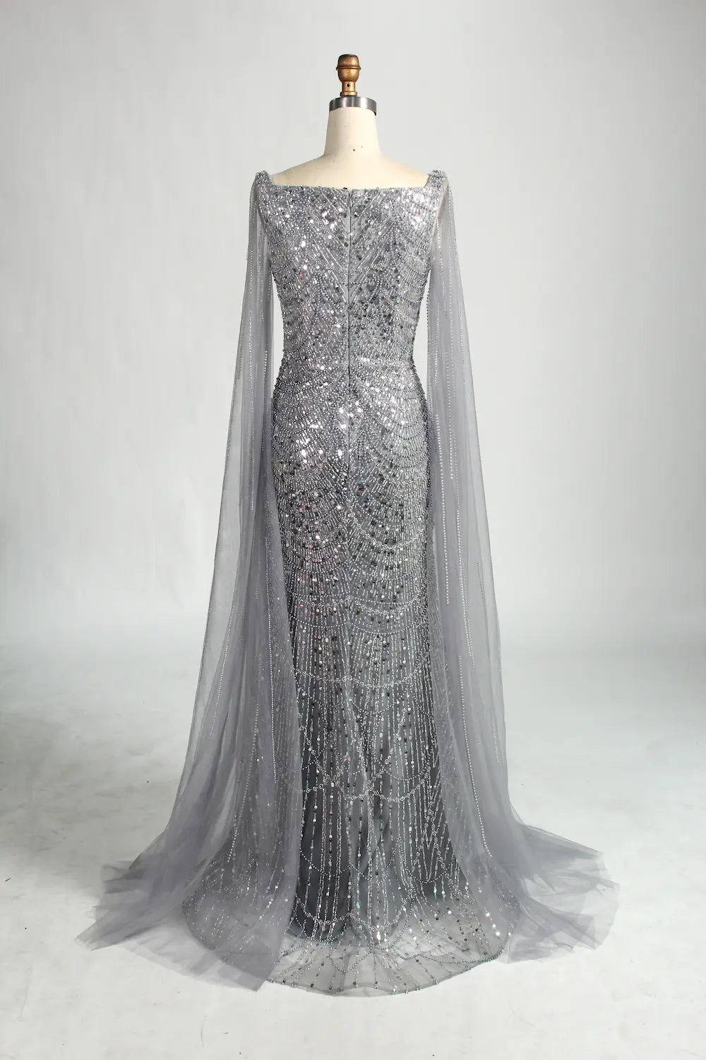 Beaded Mermaid Mother of the Bride Dress with Long Sheer Cape Sleeves KY046