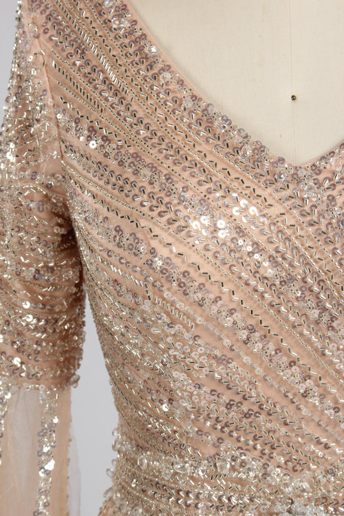 Champagne V-Neck Beaded Cape Sleeve Aline Evening Gown KY059