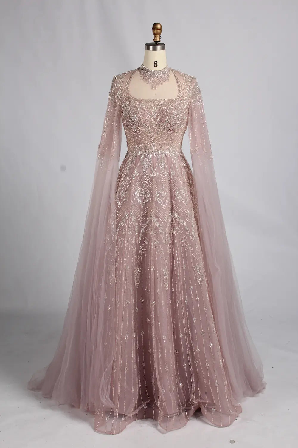 Opulent Beaded Mother of the Bride Gown with Dramatic Cape Sleeves MK174