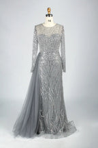 Long Sleeve Sequin Sheath Mother of the Bride Dress with Over-Skirt KY040