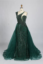 Navy Blue One-Shoulder Beaded Mermaid Evening Dress with Side Train KY069