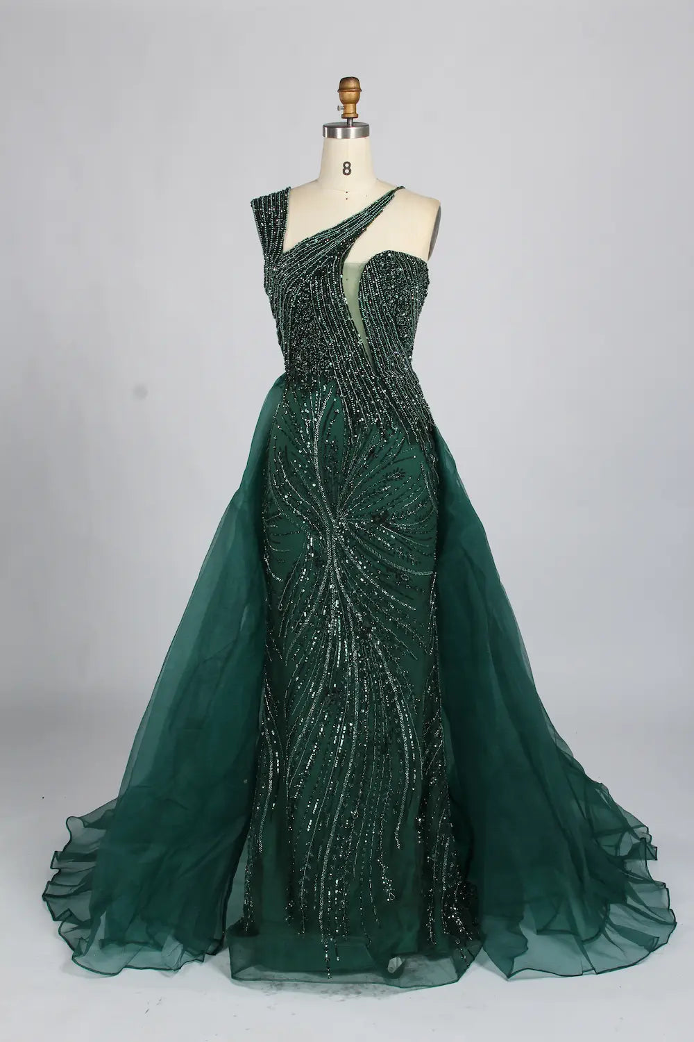 Navy Blue One-Shoulder Beaded Mermaid Evening Dress with Side Train KY069